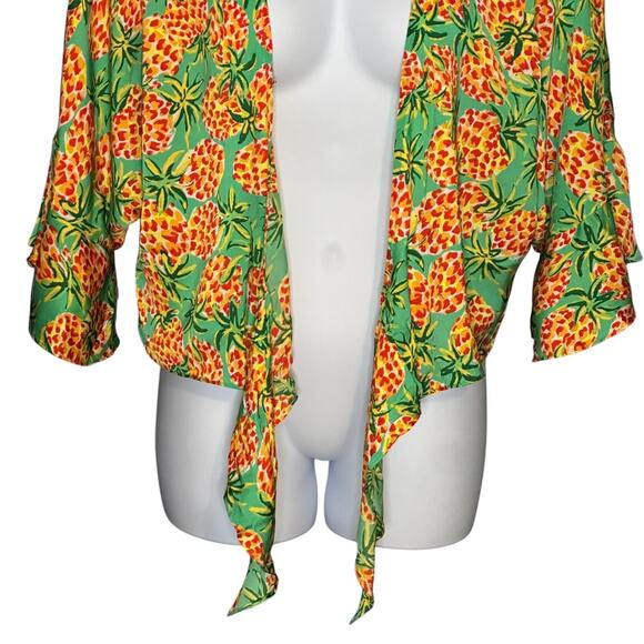 Skies Are Blue Tropical Blouse Large Top Pineapple Print Tie Waist Kimono Sleeve - Picture 9 of 12